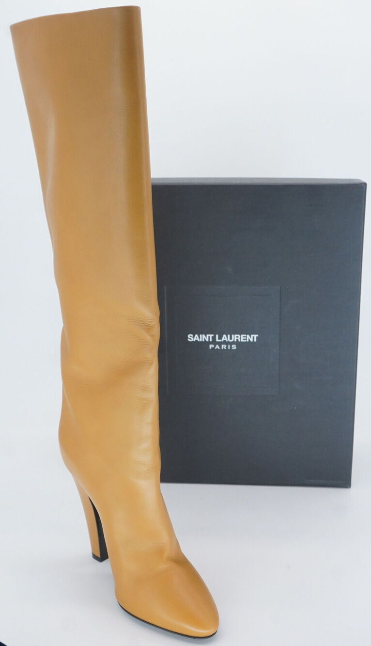 Saint Laurent 68 Tube Pointed Toe Knee Boots Size 39.5 NIB $1695 Brown Brandy